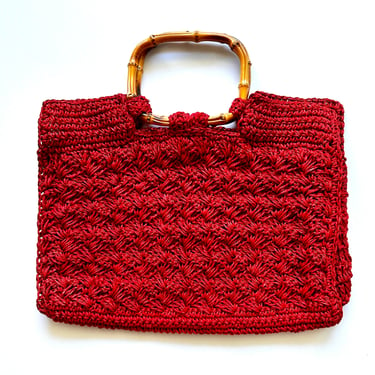 Vintage 60s 70s Raffia Straw Red Bamboo Handle Bag // Red Top Handle Beach Purse Handbag 