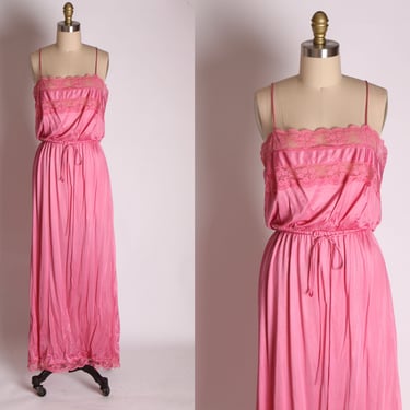 1970s Slick Pink Nylon Lace Spaghetti Strap Full Length Lingerie Gown -M 