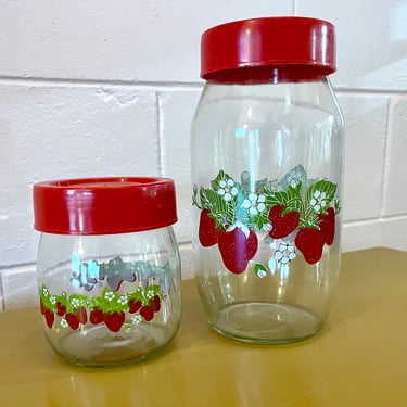 Vintage 70s Pair of Strawberry Jars with Red Top by Carlton Glass 