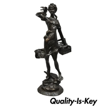 Bronze Sculpture Woman w/ Birds & Basket 15&quot; Statue Figure After Emile Guillemin