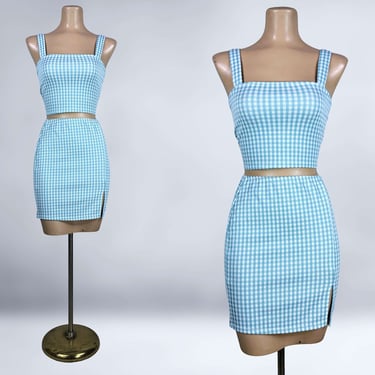 VINTAGE 90s Blue and White Check Mini Skirt Crop Top Set by Rue21 Sz S | 1990s Clueless 2 Piece Outfit | VFG 