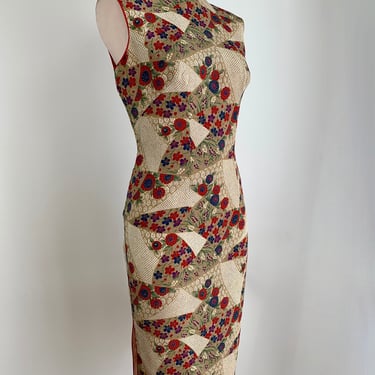 Vintage Cheongsam Dress - Traditional Floral Geometric Print - Satin Lined - Hand Sewn Details -  Side Zipper & Snap Closure - Size Medium 
