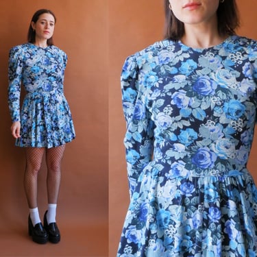 Vintage 80s Blue Floral Chintz Puff Sleeve Mini Dress/ Size Small 