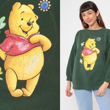 Winnie The Pooh Sweatshirt Dark Green Walt Disney Sweater 90s Graphic Shirt Cartoon 1990s Vintage Crewneck Distressed Plus Size 2x xxl 2xl 