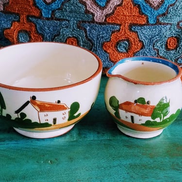 Devon Mottoware Pitcher & Sugar Bowl Hand painted Pottery~English Pottery Watcombe Pottery Torquay Red Clay~JewelsandMetals 