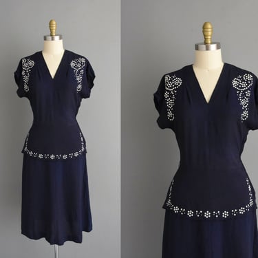 1940s vintage dress | Navy Blue Rayon Crepe Studded Dress | Large | 40s dress 