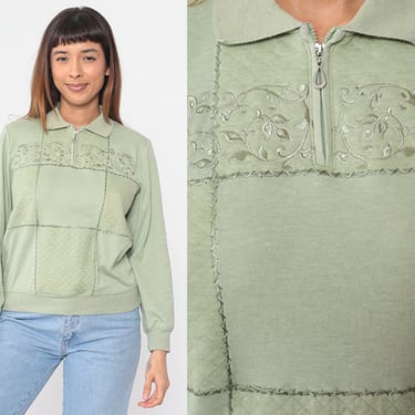 Green Quilted Sweatshirt 90s Embroidered Floral Quarter Zip Sweater Boho Pullover Flower Vine Embroidery Vintage 1990s Alfred Dunner Small S 
