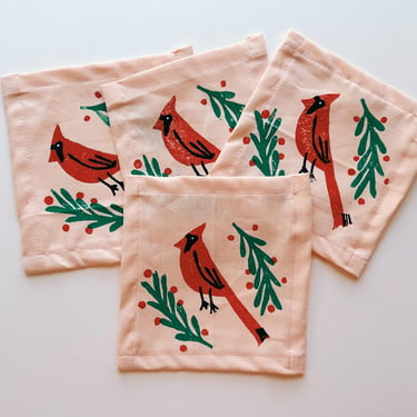 linen cocktail napkins. cardinals on blush. hand block printed. boho decor. hostess or housewarming gift. holiday winter party. 