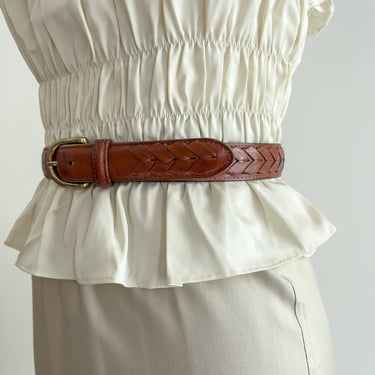 brown leather belt 90s vintage brown herringbone woven leather statement belt 