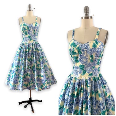 80s does 50s Blue Rose Print Floral Cotton Dress / 1980s Vintage Sun Summer Day Dress / Medium / Size 6 
