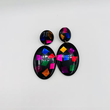 Vintage Art Deco 80’s Oversize Black and Rainbow Lucite Disco Oval Dangle Earrings by LeChalet