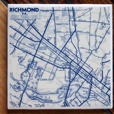 1954 Richmond Virginia Map Coaster. Richmond Map. Vintage Richmond. Virginia Gift. City Coasters. James River Décor. Virginia State Capitol. 
