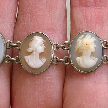 Antique Italian Silver Cameo Bracelet with Women in Profile; Antique Eleven Panel Silver Cameo Bracelet (#4307) 