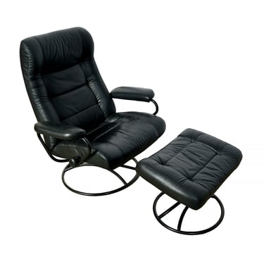 Black Leather Ekornes Stressless Chair & Ottoman Norway Mid Century Modern 