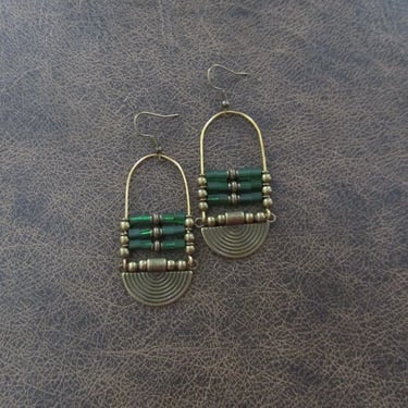 Bronze ethnic green frosted glass earrings 