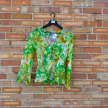 vintage 70s green floral organza tie front psychedelic floral blouse / xs extra small 