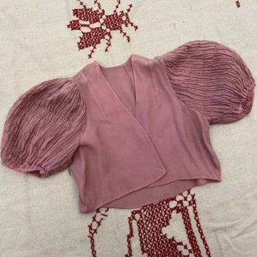 Vintage 1930s Blush Pink Silk Chiffon Blouse Short Puff Sleeves Shirt Dress Top