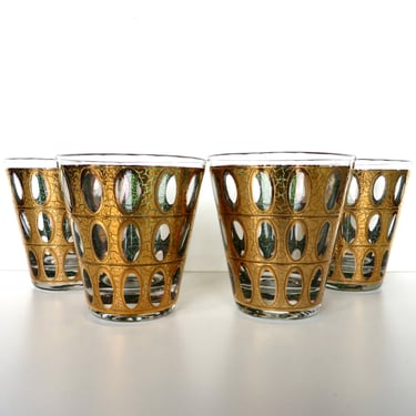 Set Of 4 Culver 12oz Pisa Double Old Fashion Cocktail Glasses, Culver Large Tapered 22kt Gold Barware 