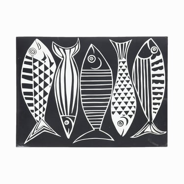 Black and White Fish Print on Paper Modernist 