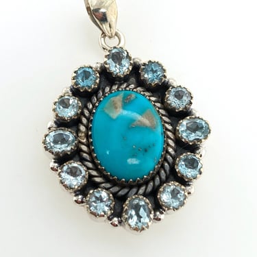 Artisan Blue Turquoise & Aquamarine Sterling Silver Pendant Necklace 