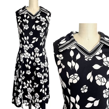 1970s vintage black and white floral sleeveless dress - size S 