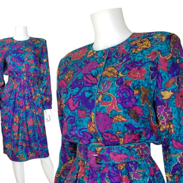 Vintage Floral Silk Cocktail Dress, Small / 1980s Multicolor Belted Shirt Dress with Pleated Midi Skirt 
