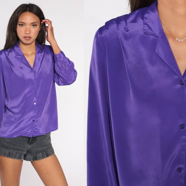 Purple Blouse 80s 90s Button Up Top Silky Pleated Formal Preppy Collared Shirt Plain Long Sleeve Simple Vintage 1990s Medium Petite 10 