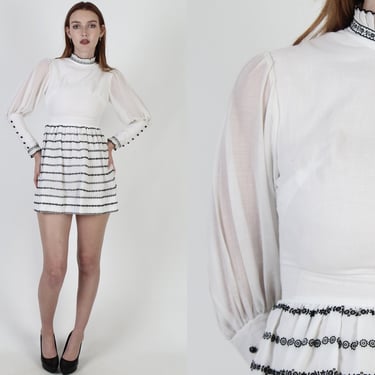 60s Mod Striped Micro Mini Dress, Floral Embroidered Tuxedo Cocktail Outfit, 1960's Puff Sleeve Sexy Short Dress 
