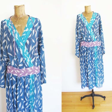 Vintage  Diane Freis Floral Dress M - 80s Blue Purple White 1980s Polka Dot Midi Sundress 