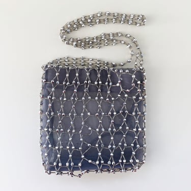 Gray Mesh Bag with Silver Bead Overlay