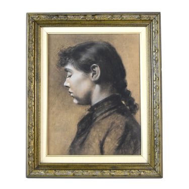 19th Century Drawing Profile Portrait of Young Woman in Reflective Mood 