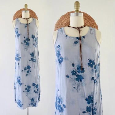 floral rayon maxi dress - xs - vintage 1990s 90s blue two tone floral sleeveless womens extra small long cute cottage cottagecore 