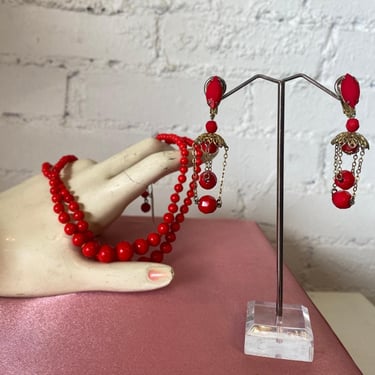 vintage 1950s bright red beaded necklace and clip on earring czech glass jewelry 