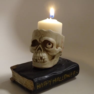 Vintage Happy Halloween Skeleton Candle Holder, Antique China Bisque Skull on Book, Retro MCM 