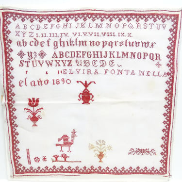 1890 Alphabet Sampler, Large 20 Inch Antique Needlework by Elvira Fontanell, Vintage Red and White Cross Stitch Needlework on Linen 