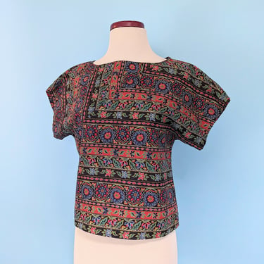Vintage 60s/70s Floral Tapestry Print Boho Crop Top, 1960s Colorful Short Sleeve Cropped Cotton Blouse 