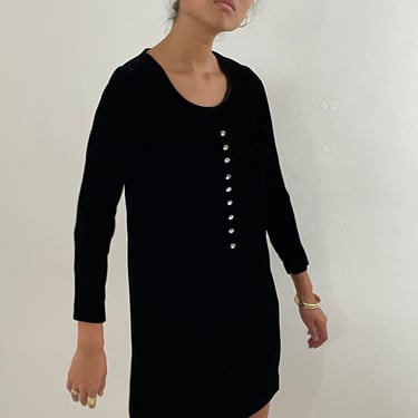 70s velvet dress / vintage black silk velvet rhinestone button long sleeve scoop neck shift mod LBD mini dress | Small 
