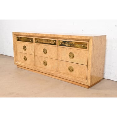 Bernhard Rohne for Mastercraft Burl Wood and Acid Etched Brass Dresser or Credenza, 1970s