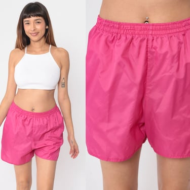 Hot Pink Gym Shorts 90s Nylon Running Shorts Retro High Waisted Plain Jogging Elastic Waist Workout Fuchsia Vintage 1990s Small Medium S M 