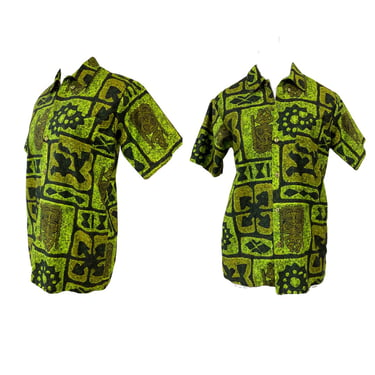 Vtg Vintage 1960s 60s Green Tiki Mask Designer Luau Honolulu Hawaiian Shirt 