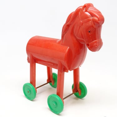 Vintage 1950's Rosbro Trojan Horse Candy Container,  Antique Pull Toy for Christmas 