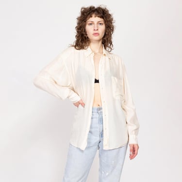 Med-XL 90s Ivory Silk Blouse | Vintage Minimalist Long Sleeve Button Up Collared Shirt 