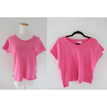 Vintage 90s Y2K Crop Top Tee Soft Cotton Solid Pink V-neck T-shirt Size XL 