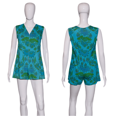 1960's Blue and Green Floral Cotton Romper - Size M
