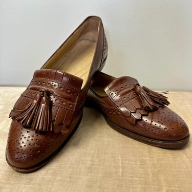 90’s men’s brown loafers~ slip on oxfords Men’s Italian leather shoes~ fringed tassels eyelet detail perforated ~ Men’s US size 8.5 