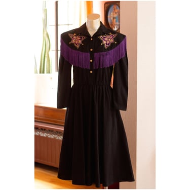 Vintage Western Fringe Dress - Cowgirl Dress - 1980s, 1990s - Black, Purple, Floral 