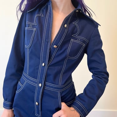 70’s Navy Blue Western Stitched Collared Jumpsuit