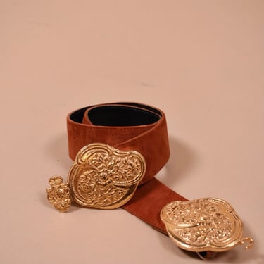 Suede Belt with Large Goldtone Buckle By Bonwit Teller, XL