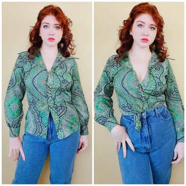 1970s Vintage Green Paisley Blouse / 70s / Seventies Mod Dagger Collar Button Blouse / Size Medium 