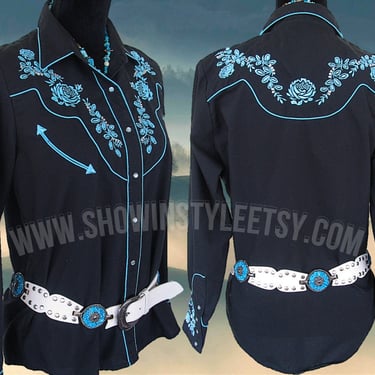 Vintage Retro Women's Cowgirl Western Shirt by Ranger's, Western Blouse, Turquoise Embroidery & Rhinestones, Approx. Large (see meas. photo) 
